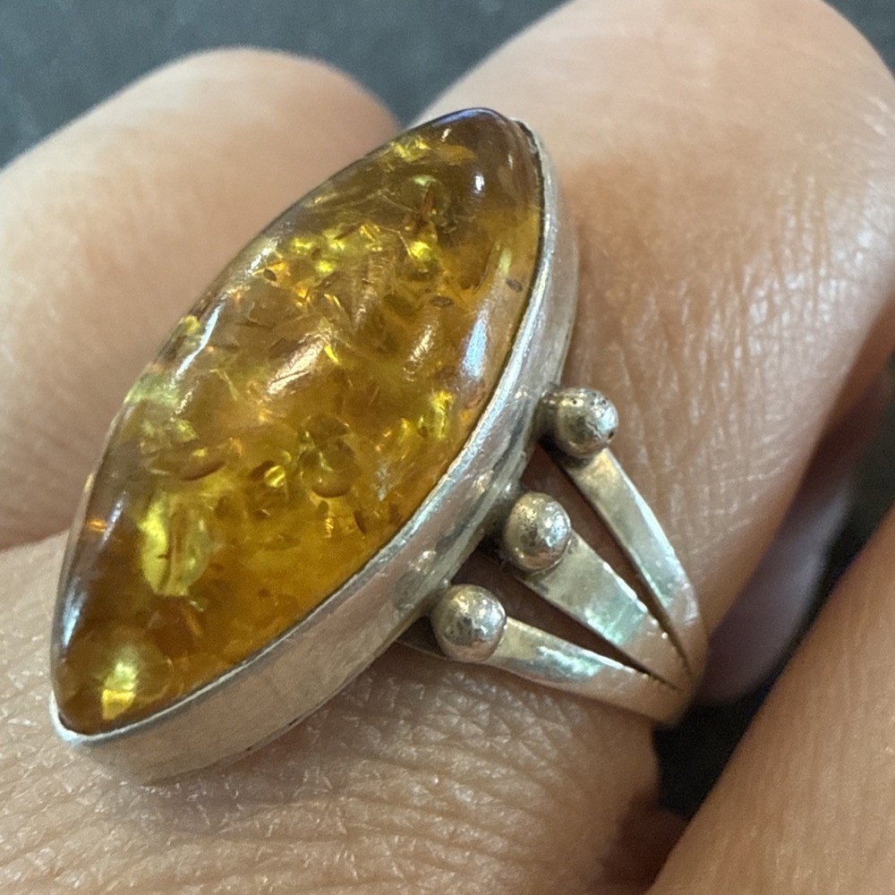 Vintage Navajo Sterling Silver Baltic Amber Ring John Delvin Signed Split Shank